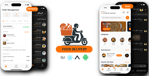 Food Delivery React Native User & Rider Apps Multi-Restaurant | UI Kit | Expo + CLI,